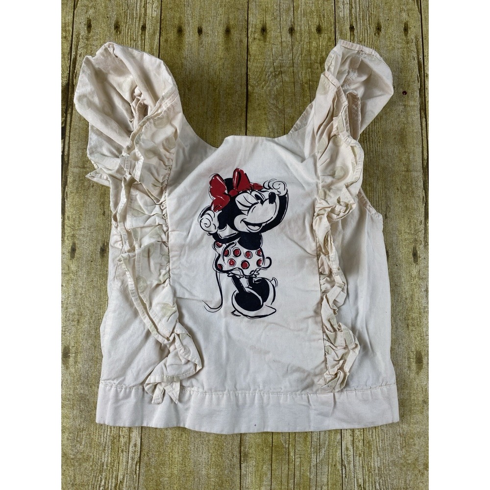 Disney‎ Girls Minnie Mouse Smocked Ruffle Polka Dot Beige Cream Top Size 9/10